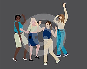 Group of four young happy dancing women dancers isolated on dark background. Smiling young girls enjoying dance party. Young women