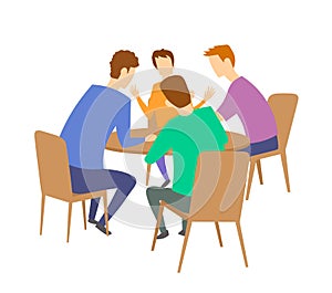 Group of four young people having discussion at the table. Brainstorming. Flat vector illustration. Isolated on white