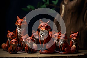 group of fox wood carving ornaments arranged on a dark background in a studio setup