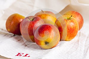 A group of fresh apples on an old vintage homespun kitchentowel