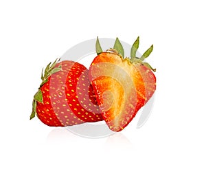 Group of fresh berry fruit, round and a half sliced of red strawberry isolated on white background, die cut with clipping path