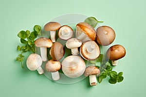 Group of fresh champignon mushroom isolated on pastel green background. Raw food concept Flat lay Generative AI