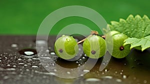 Group of Fresh Green Gooseberry Fruits On Green Background with Copy Space Selective Focus