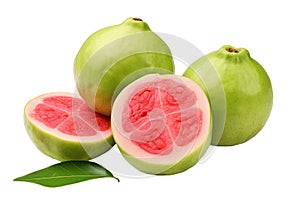 A group of fresh guava fruit with a cut in half