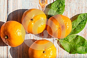 Group of fresh orange fruits on wooden board background with light sunshine