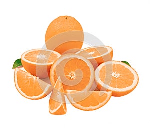 Group of fresh orange tropical fruits cut and slice with green leaves isolated on white background. vitamin c from natural make go