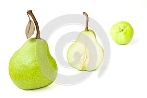 Group Of Fresh Pears With One Halved