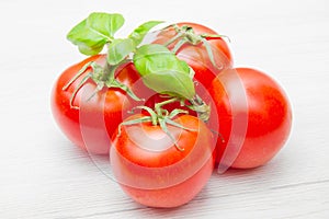 Group of fresh resd tomatoes with basil