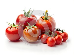 Group of fresh tomatoes and cherry tomatoes, isolated, on white background. Generative AI photo