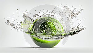 Group of Fresh Whole and Cut or Off Green Lemon Fruit Splashing into Water on White Background AI Generative