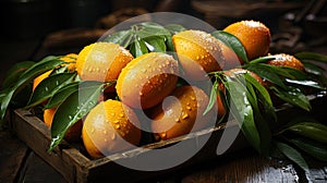 Group of Fresh Yellow Mango Fruits with Water Drops in Wooden Tray Defocused Background