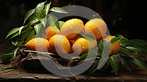 Group of Fresh Yellow Mango Fruits with Water Drops in Wooden Tray Defocused Background
