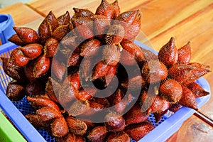 Group of freshness red salak or salacca zalacca fruit in blue basket on the table for sell in traditional market. sweet and sour t