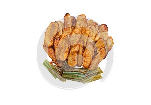 Group of Fried Bananas and Pandan Leaves, Isolated