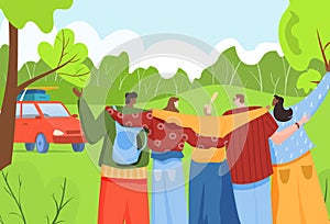 Group of friend camping, people male and female together relaxing outdoor forest woodland place flat vector illustration