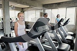 Group friend of senior runner at gym fitness smiling and happy. elderly healthy lifestyle