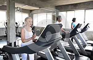 Group friend of senior runner at gym fitness smiling and happy. elderly healthy lifestyle