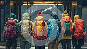 A group of friends all wearing brightly colored backpacks gather at the entrance of a train station. They appear to be