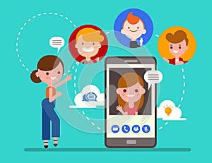 Group of friends chatting online by video call app with smartphone. Social media technology concept illustration.