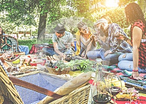 Group of friends cheering with red wine at picnic outdoor - Young trendy people having fun eating and drinking at lunch in summer
