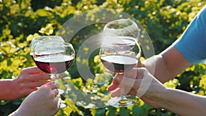 A group of friends clink glasses with red wine on the background of the vineyard. Wine tour and tourism concept photo