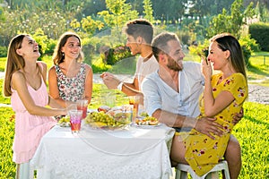 Group of friends and  couple enjoying picnic party in a park on a sunny day