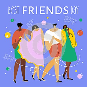The group of friends, couple teenagers and phrase BEST FRIENDS DAY, BFF. They are fun and celebration FRIENDSHIP DAY photo