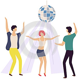 Group of friends while dancing in nightclub with disco ball. People spending time together at party