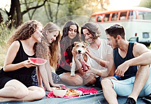 A group of friends with a dog sitting on ground on a roadtrip through countryside.