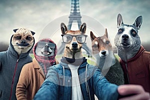 Group of friends with dogs and Eiffel tower in the background