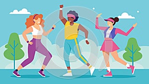 A group of friends dressed in retro workout clothes dancing to 80s music during a Flashback Fitness Day at the local photo