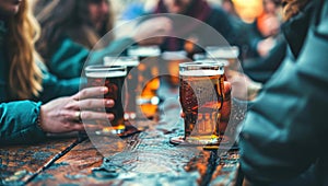 Group of friends drinking beer and having fun at a pub or restaurant