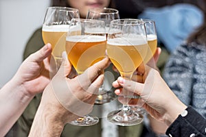 Group of friends drinking beer, toasting, at pub