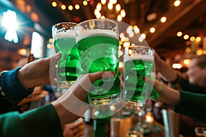 Group of friends drinking green beer at a bar. Toasting with glasses of alcoholic beverage. Celebrating St. Patrick\'s Day in