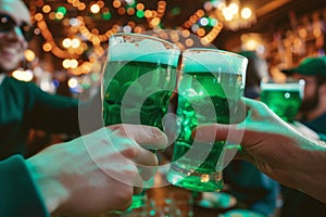 Group of friends drinking green beer at a bar. Toasting with glasses of alcoholic beverage. Celebrating St. Patrick\'s Day in