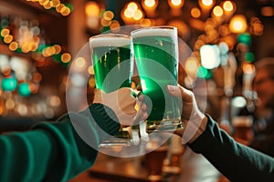 Group of friends drinking green beer at a bar. Toasting with glasses of alcoholic beverage. Celebrating St. Patrick\'s Day in