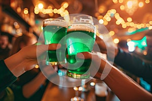 Group of friends drinking green beer at a bar. Toasting with glasses of alcoholic beverage. Celebrating St. Patrick\'s Day in