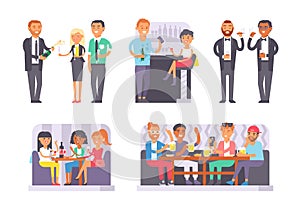 Group of friends enjoying evening drinks in bar alcohol people character vector illustration.