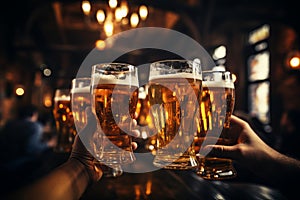 Group of friends enjoying happy hour at brewery pub closeup of beer glasses on bar table