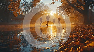 Group of Friends Enjoying a Morning Jog in Autumn Park