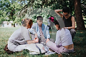 Group of friends enjoying a sunny day together in an urban park