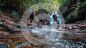 Group of friends exploring a hidden waterfall, capturing the essence of adventure and the joy of discovery