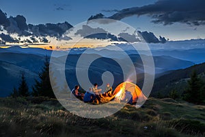 Group of friends gathering around campfire near the tent on evening summer