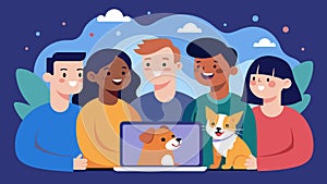 A group of friends giggling at a funny video of their pets antics sent to them through a cloudbased pet monitoring app photo