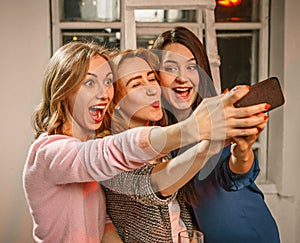 Group of friends girls making selfie photo