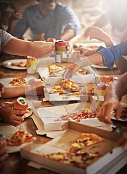 Group, friends and hands with pizza, celebration and diversity for joy or fun with youth. People, soda and fast food