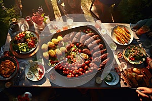 Group of friends having barbecue party outdoors. Selective focus. Food, Barbecue dinner at a summer party, top view, AI Generated