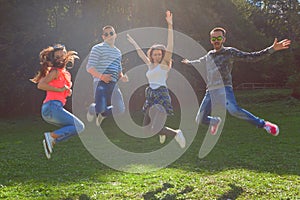 Group of friends having fun and jumping at idyllic day