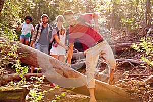 Group Of Friends Jumping Over Tree Trunk On Countryside Walk