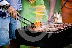 Group of friends making barbecue in the nature